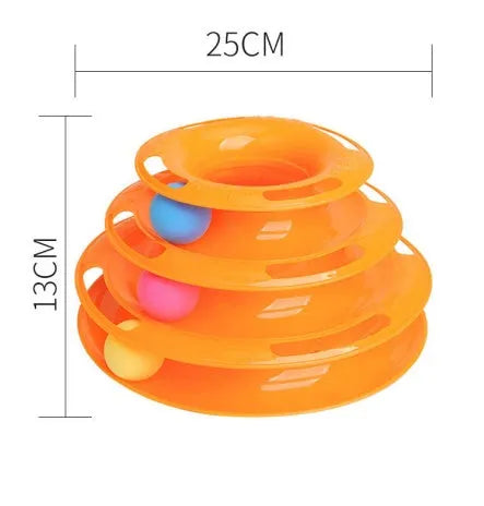 Interactive four-layer cat turntable toy with ball tower tracks, plastic, 16x29cm, in pink, blue, or orange
