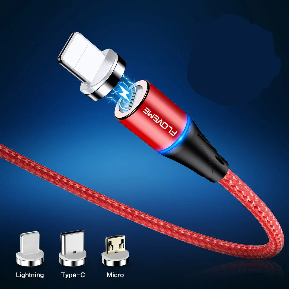 Magnetic USB-C fast charging data cable with side indicator light in black, red, or silver