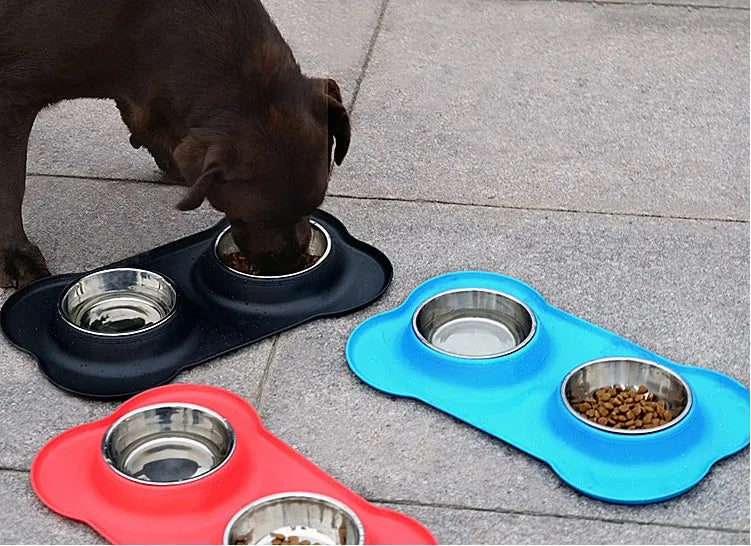Bone silicone pet double bowl with stainless steel inner layer, non-slip base, 46x27x15cm in black