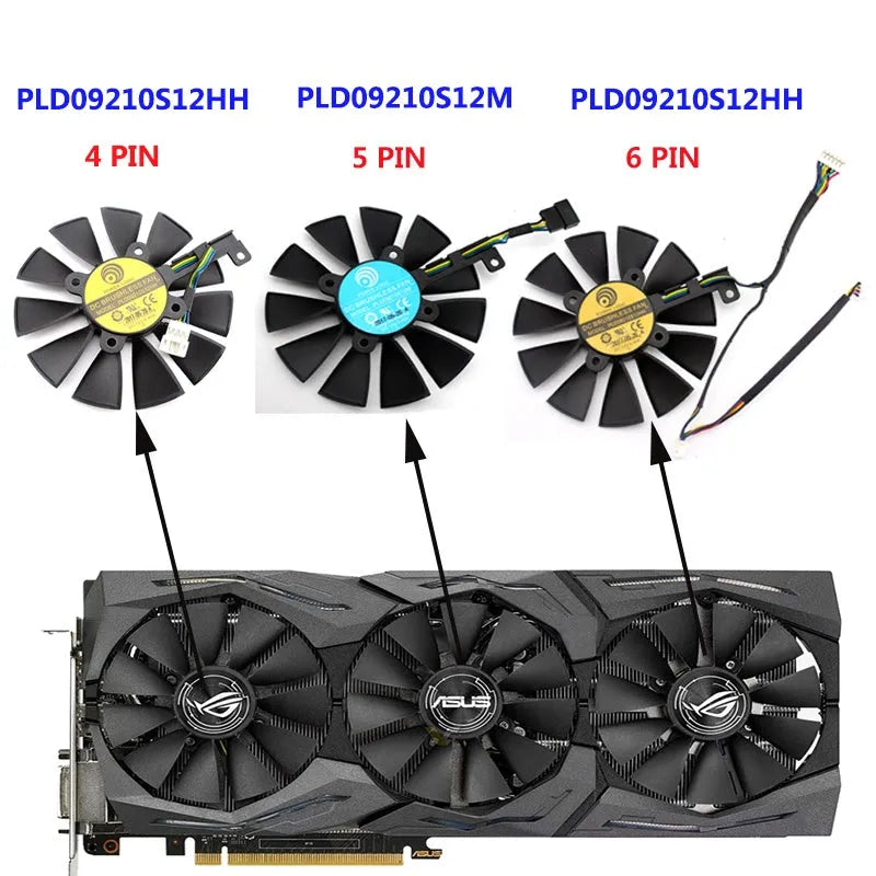Power Logic PLD09210S12M 12V graphics card replacement cooling fan for ASUS ROG Strix models.