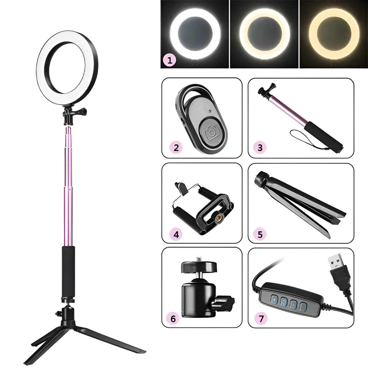 26cm RGB LED ring light kit with tripod stand, selfie stick, phone clip, and Bluetooth remote on a white background