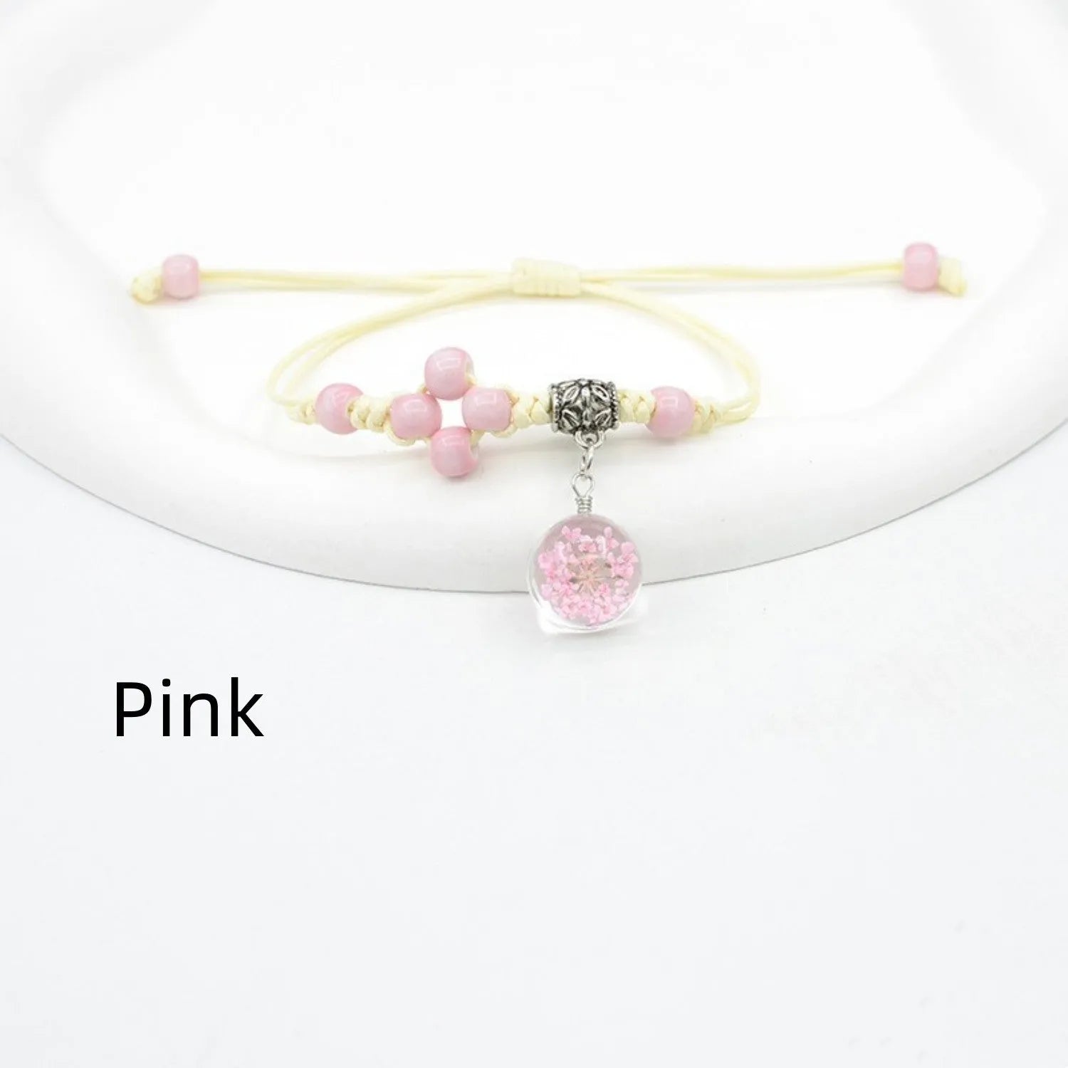 Glass dried flower bracelet with real preserved flowers and lace trim on large 1.4cm beads
