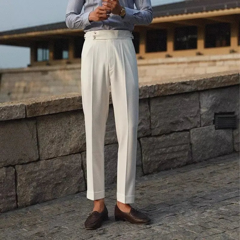 Men's slim fit suit pants in polyester blend fabric available in apricot, black and white colours