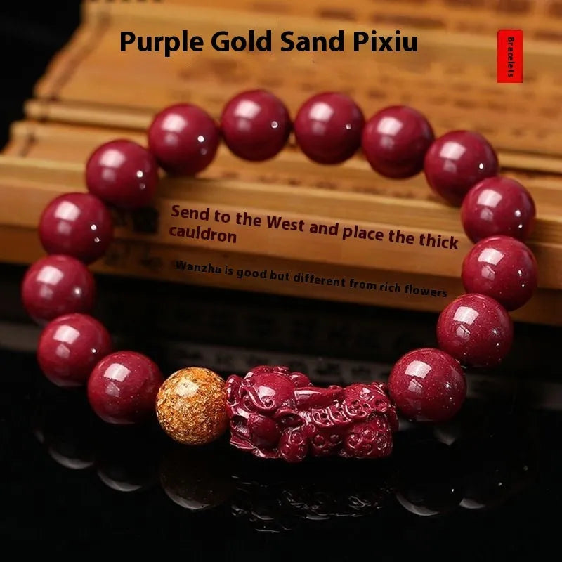 Purple Gold Sandstone cinnabar bracelet with zodiac totem design, showing 10mm bead size.