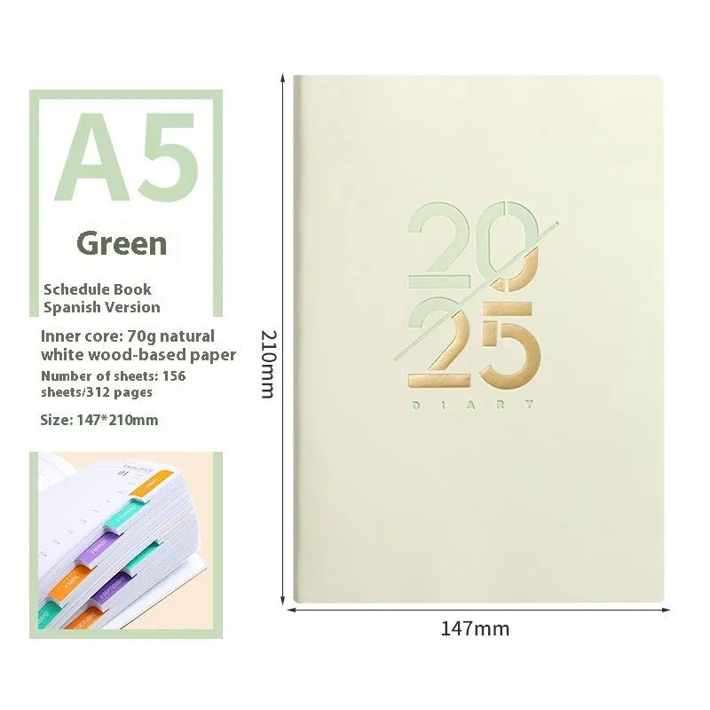 A5 2025 daily planner notebook with soft faux leather cover in multiple colours, open to show lined pages.