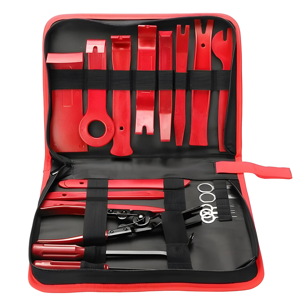 Plastic 19 piece car radio panel trim dashboard removal set with POM nylon skid boards in blue and red