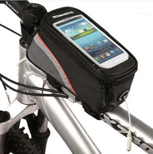 ROSWHEEL black bicycle frame bag mounted on bike, holding an iPhone, showing size scale.