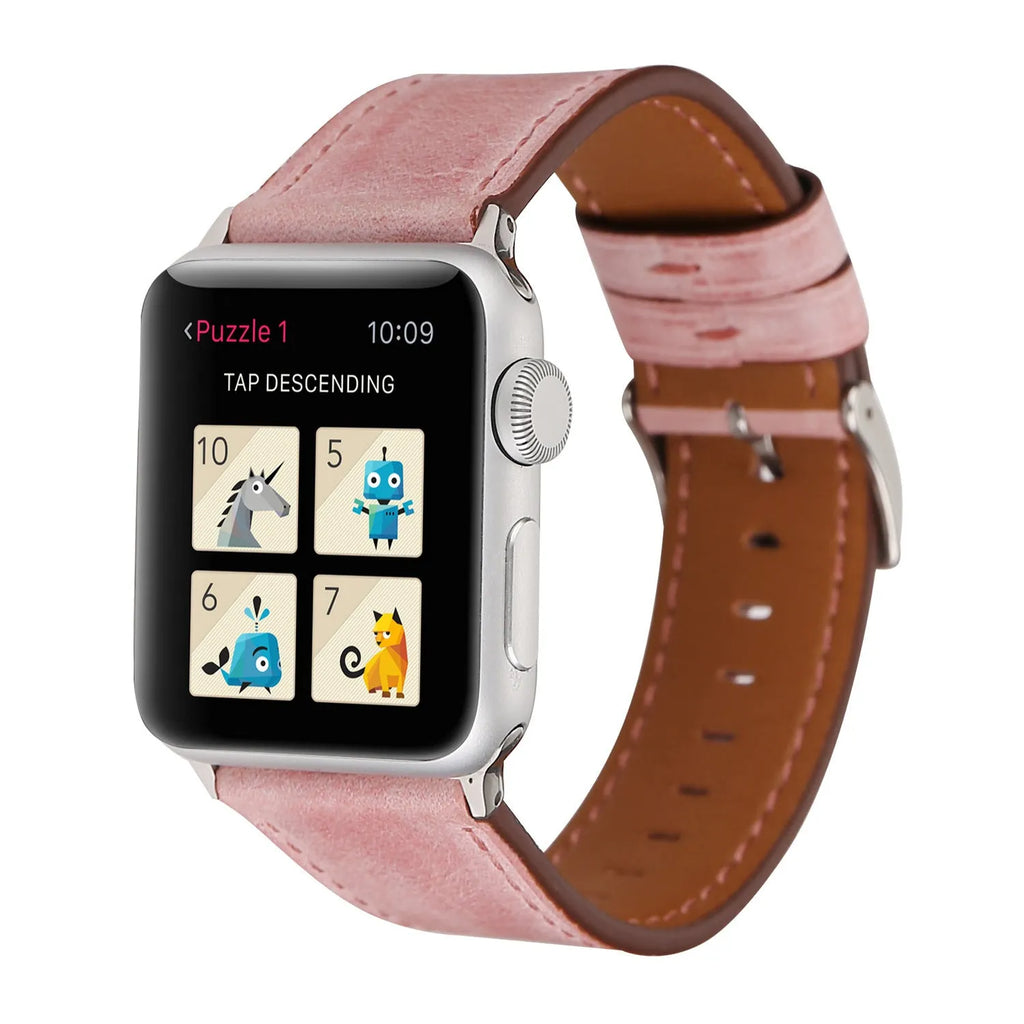 Genuine leather watch strap with a folding buckle, shown in one of six available colours.