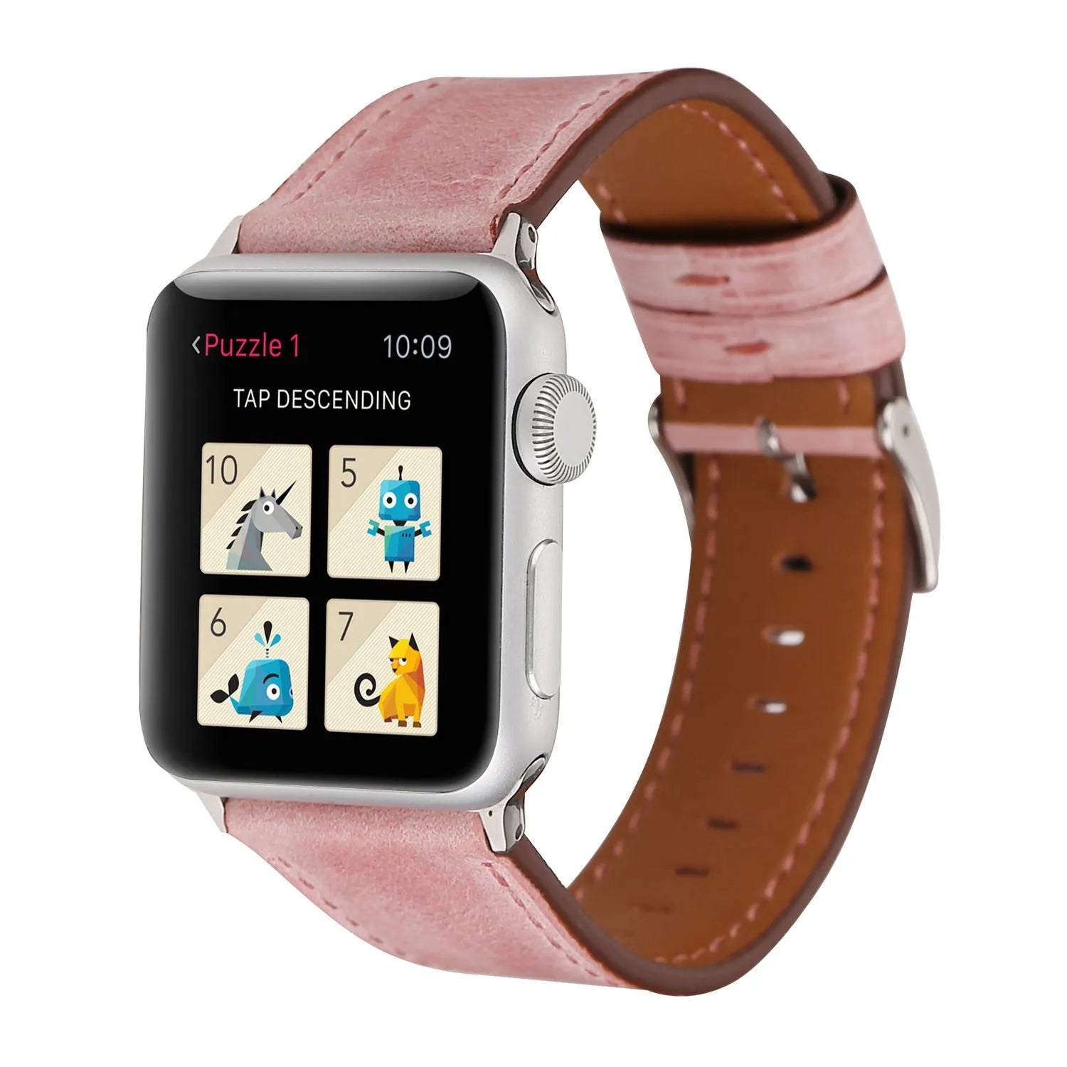 Genuine leather watch strap with a folding buckle, shown in one of six available colours.