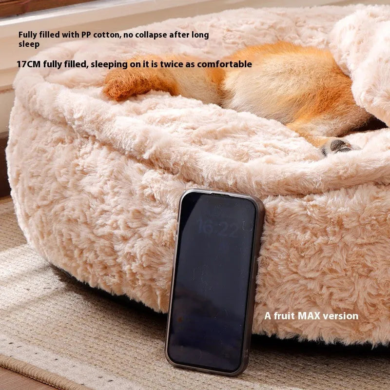 Round nest style pet bed in milk tea colour with a removable cloth cover, shown with S, M, L, XL size options.