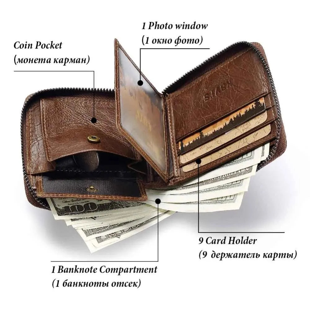 Men's brown genuine leather wallet with multiple compartments and zipper closure