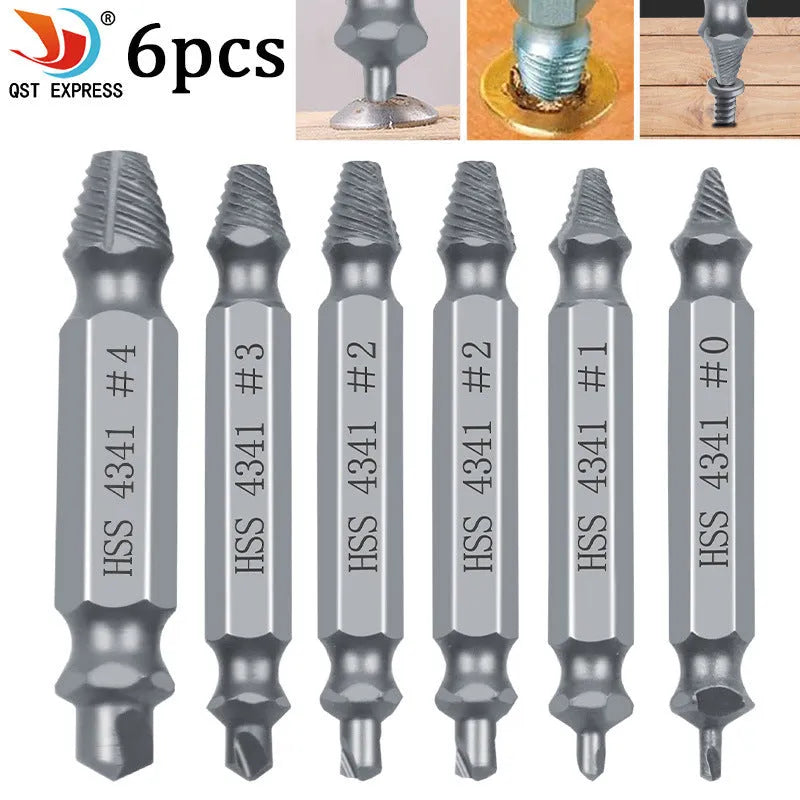 6-piece slip-tooth head screw remover set with high-speed steel construction for stripped screw removal