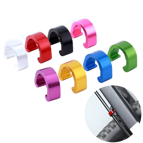 Pack of ten small aluminium alloy C-shaped buckles in assorted colours.