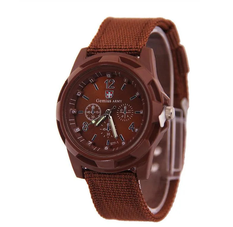 Cloth belt woven military quartz watch with 40.5mm round alloy case and textile strap, available in multiple colours