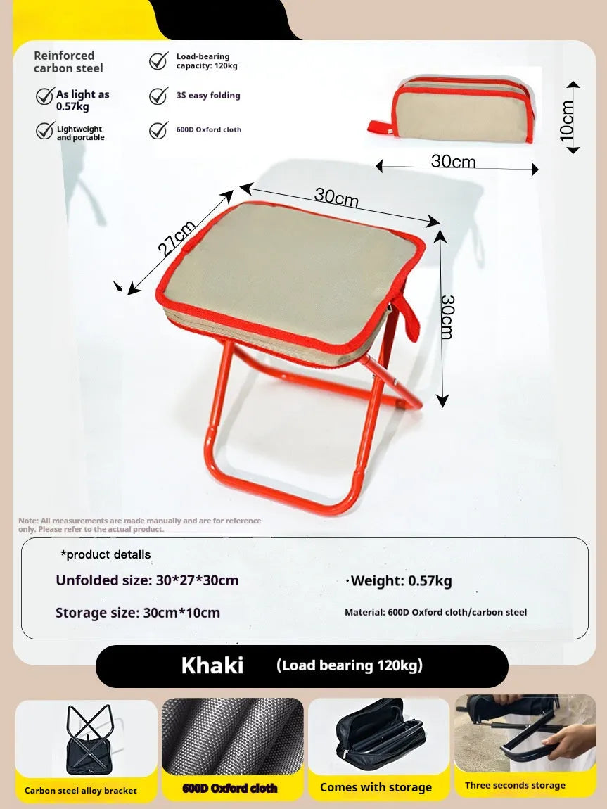 Lightweight foldable camp stool in khaki colour, shown folded flat in pencil box style.
