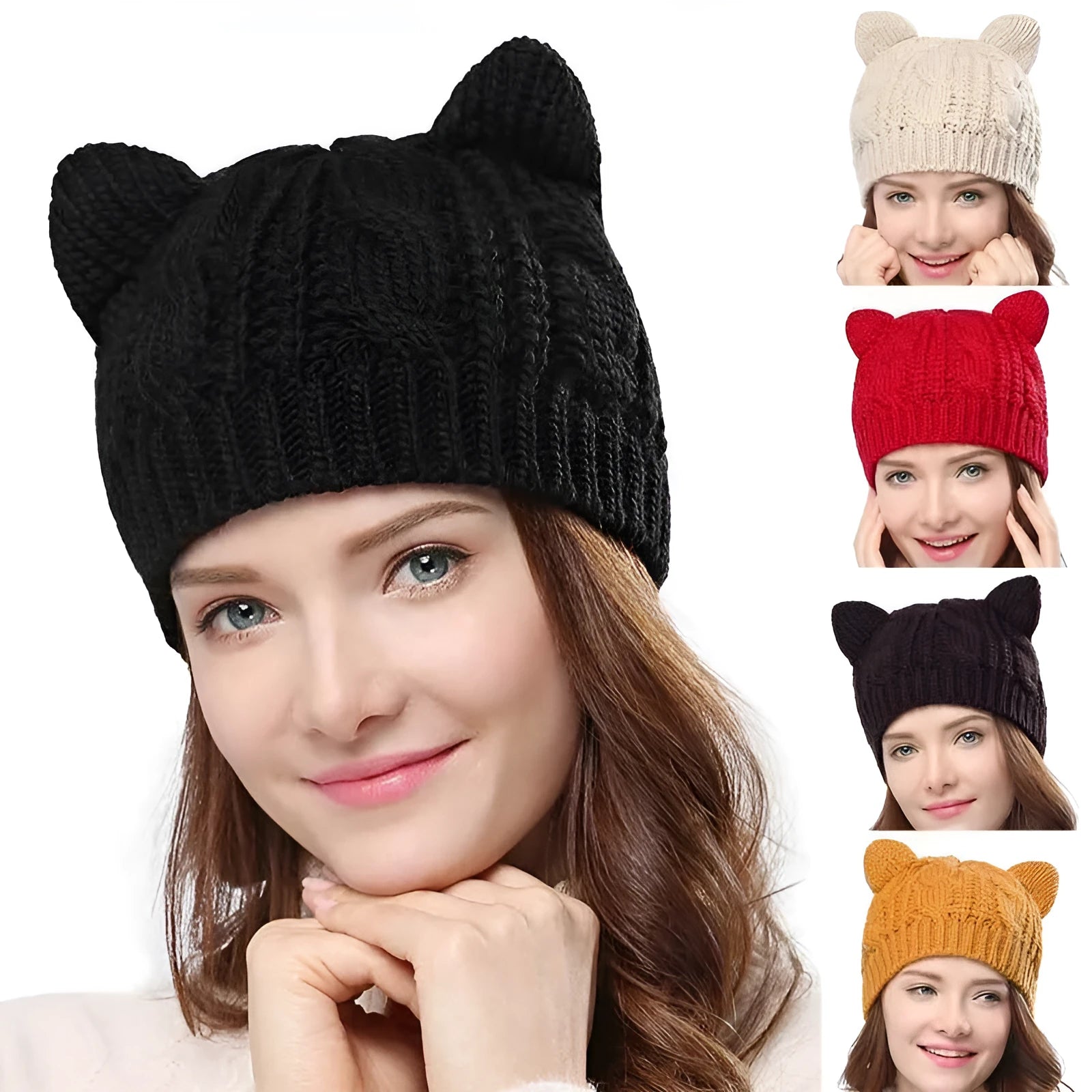 Hand-made knitted beanie with 3D cat ears in red wool, shown on a head.