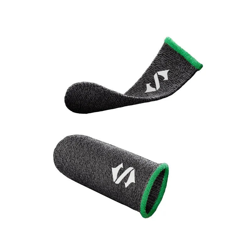 A pair of green gaming thumb sleeves made from silver fibre yarn with a reflective 3M logo.