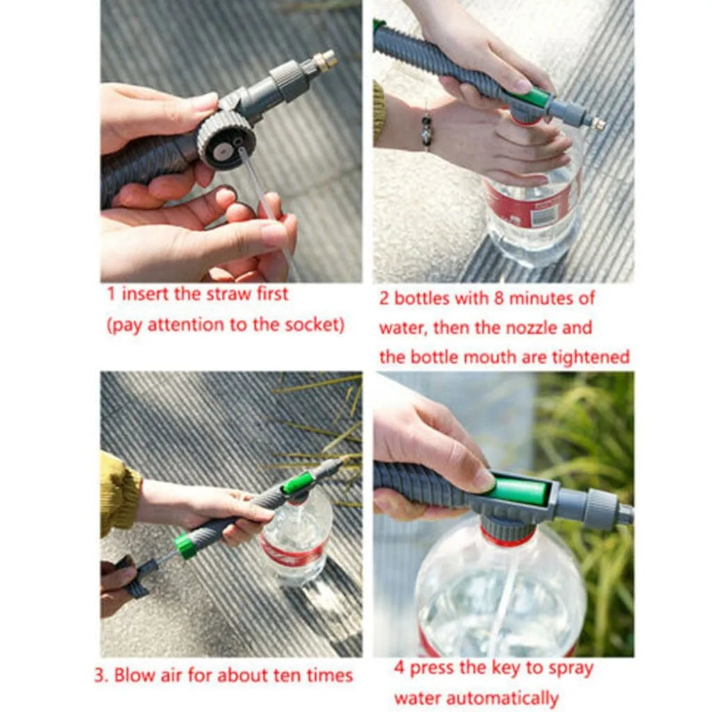 Grey watering sprayer nozzle attached to plastic bottle with 30cm connecting tube for garden watering