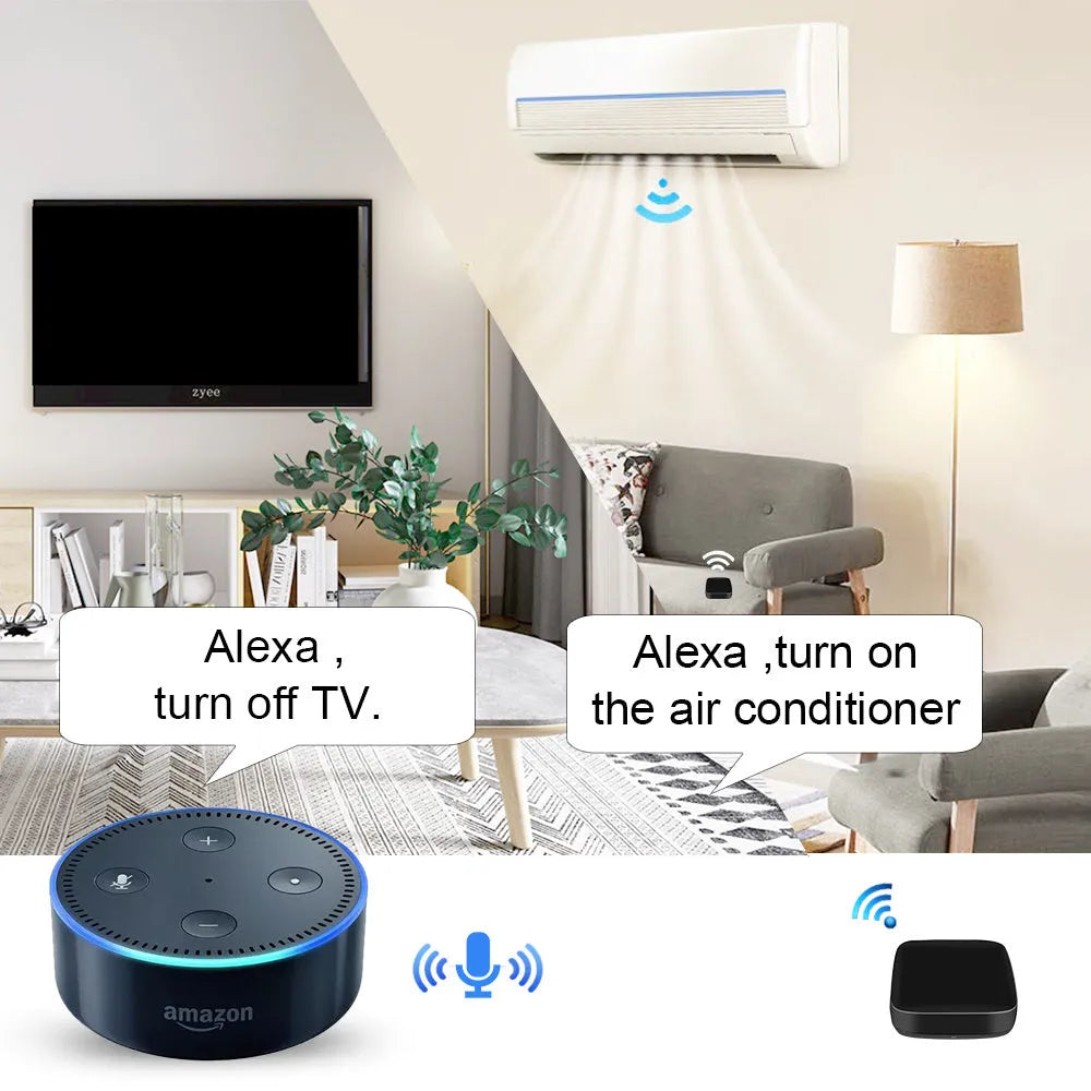 Black universal infrared remote control with voice command and WiFi connectivity features
