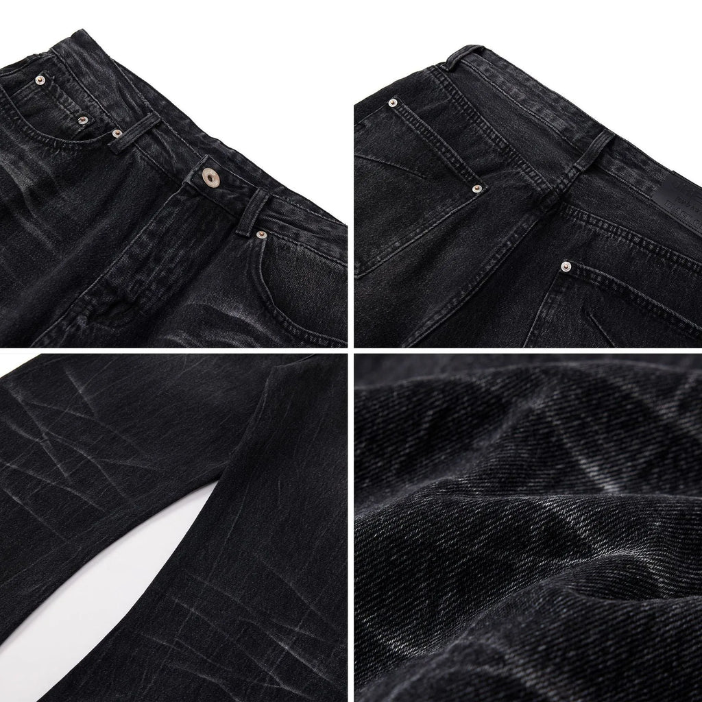 Men's black American washed straight-leg jeans with lightning crack pattern detail