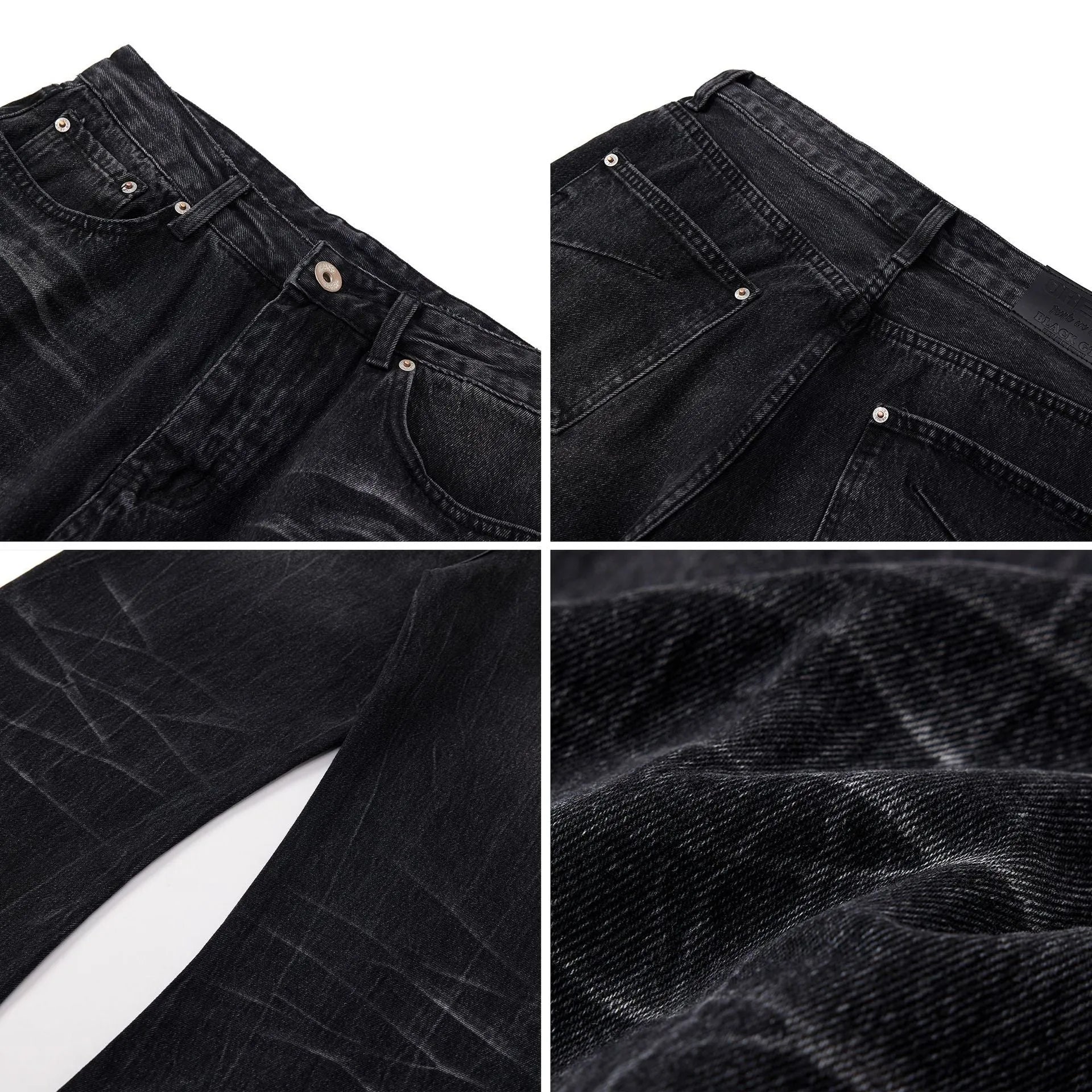Men's black American washed straight-leg jeans with lightning crack pattern detail