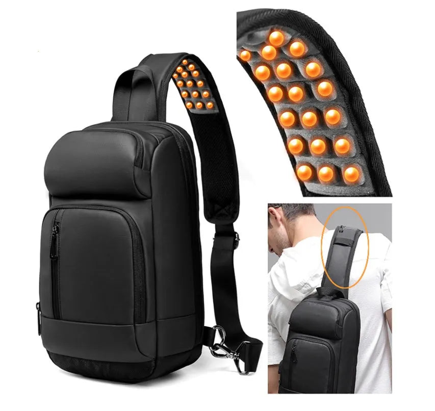 Black medium outdoor leisure shoulder bag showing square shape and single air cushion strap