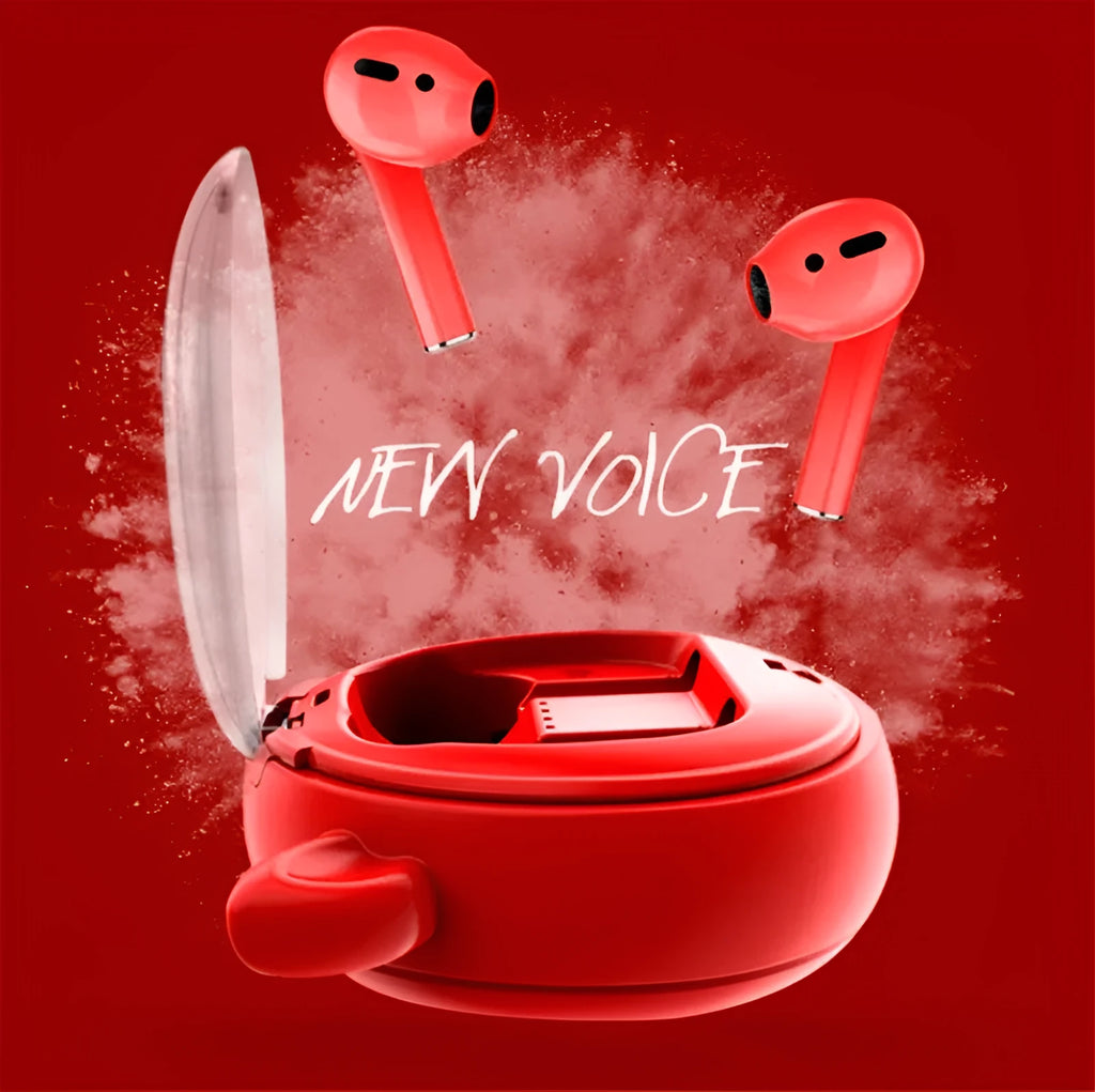 Red true wireless Bluetooth 5.0 in-ear headphones with charging case on a white background