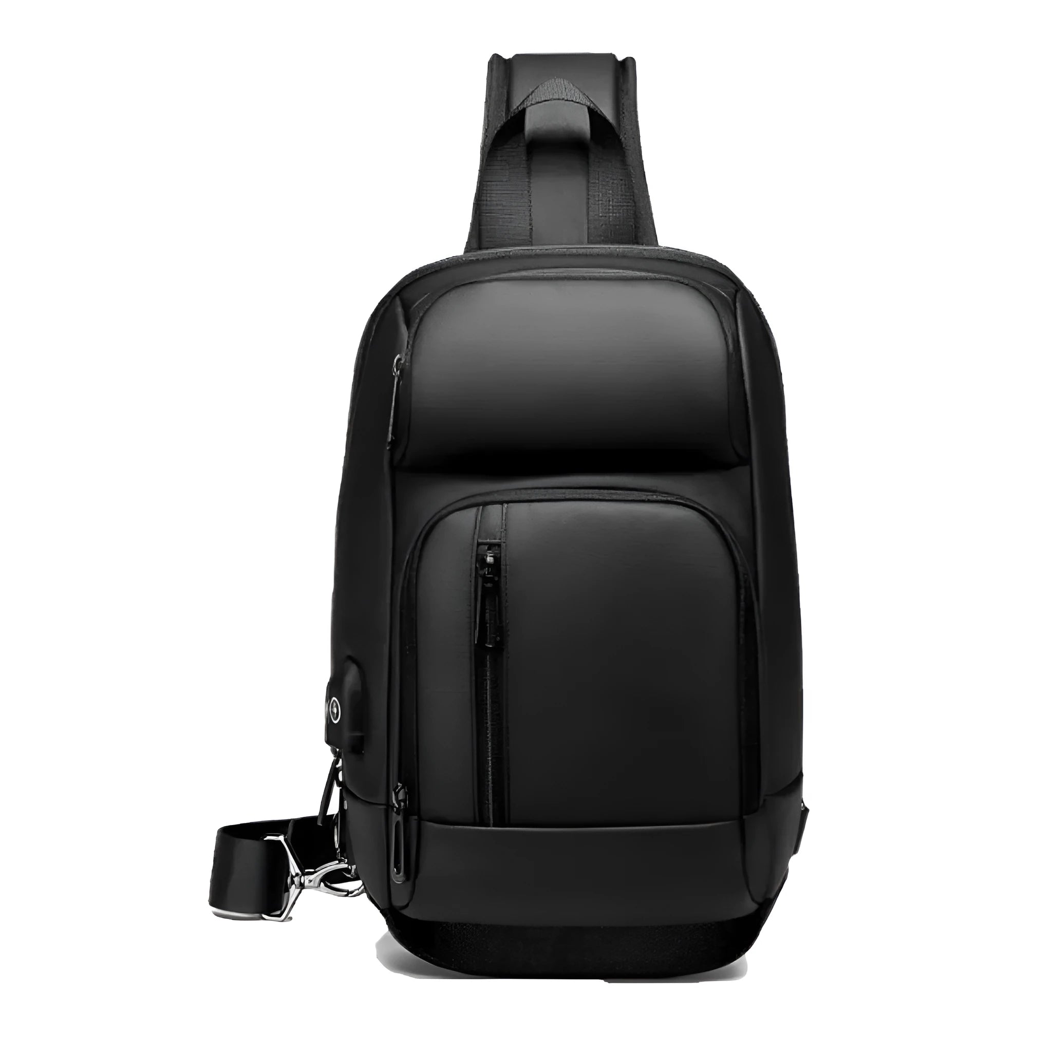 Black medium outdoor leisure shoulder bag showing square shape and single air cushion strap