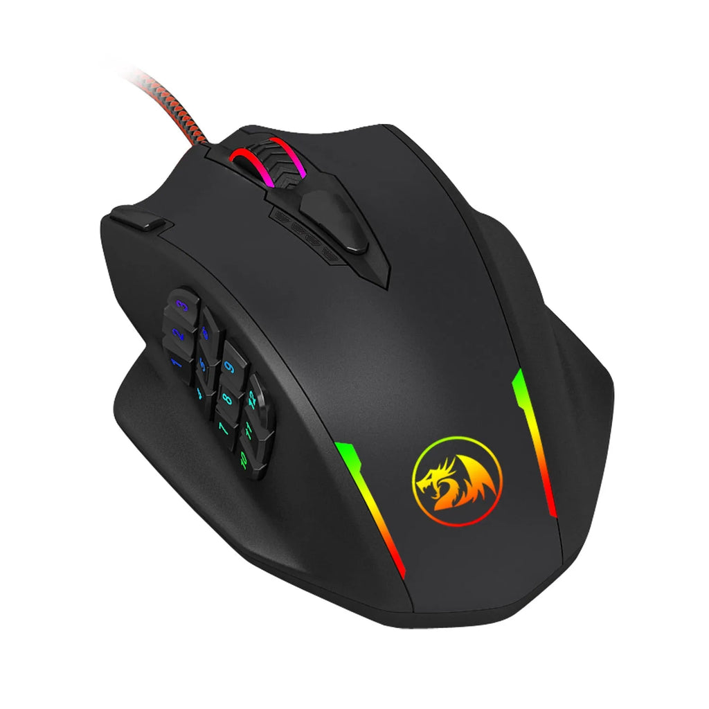 Redragon M908 One-Hander Macro Defines gaming mouse in black with ergonomic leather grip and side button cluster