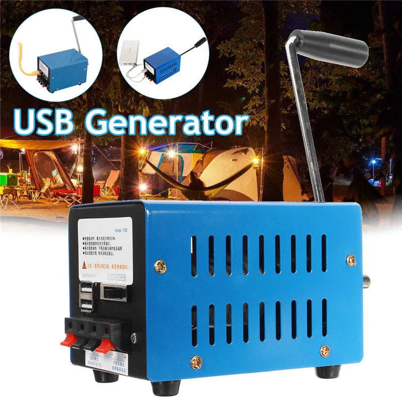 Blue metal hand crank emergency USB generator with anti-slip pads, showing compact size.