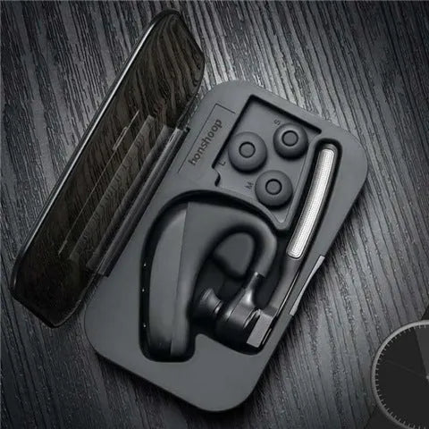 Black true wireless stereo Bluetooth earbuds with charging case on a white background.