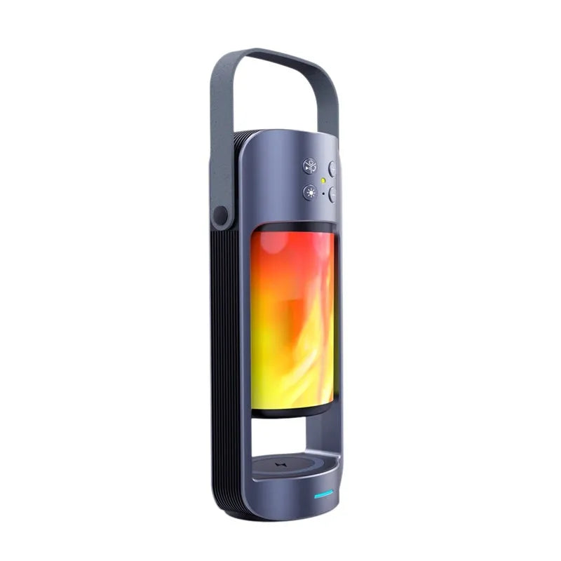 Blue portable Bluetooth speaker with dancing flame light effect showing wireless charging capability