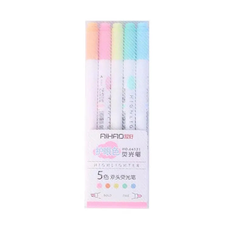 Five double head eye protection highlighter pens in assorted colours set packaging