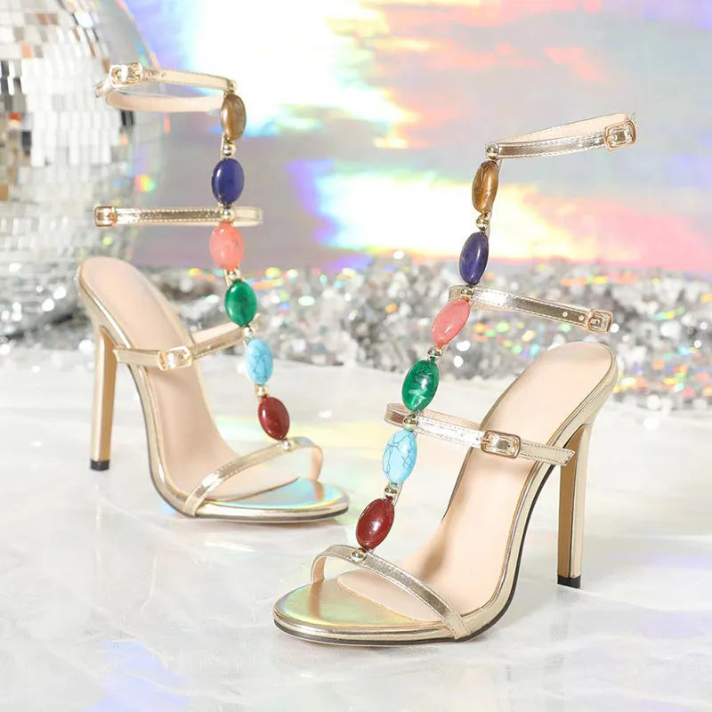 Colourful beads buckle stiletto high heel sandals for women in fish mouth style, multiple colours available