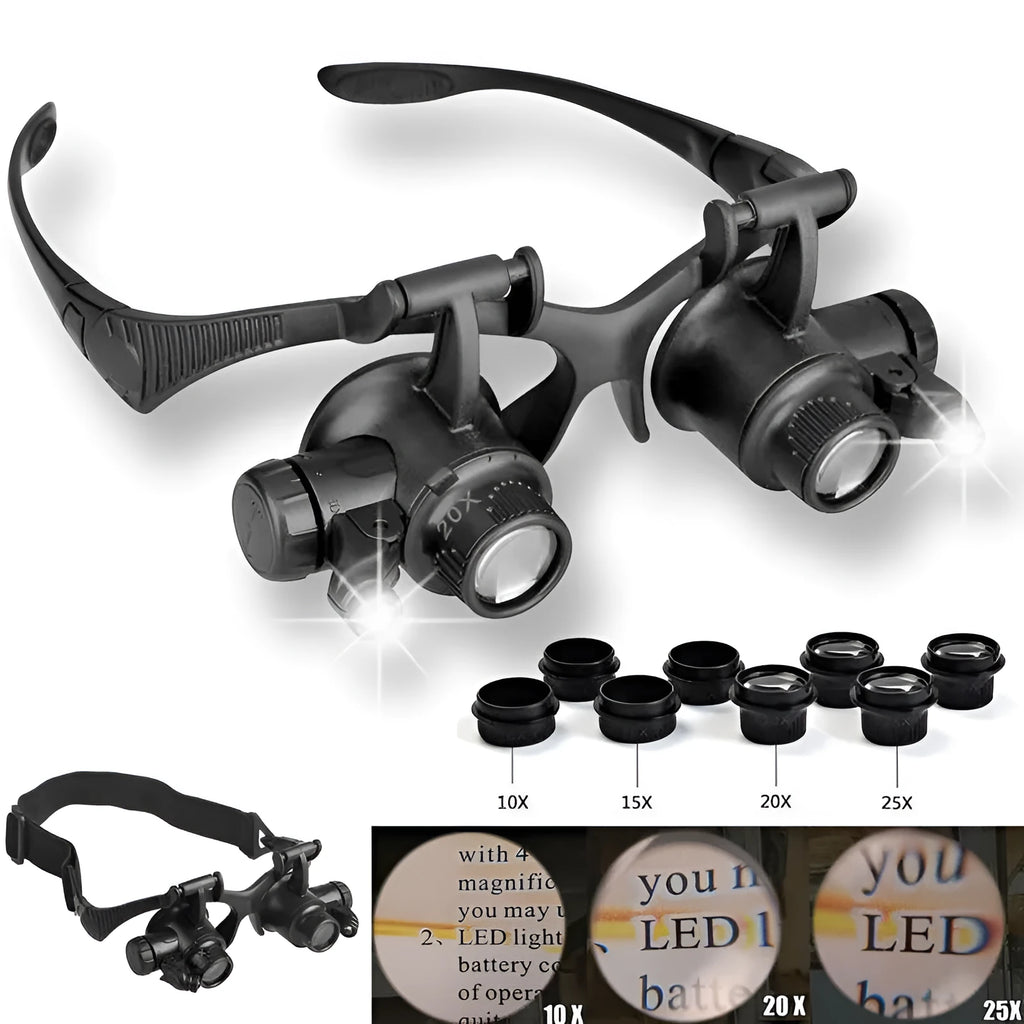 Black double eye magnifier glasses with LED lights and interchangeable lenses for precision repair work