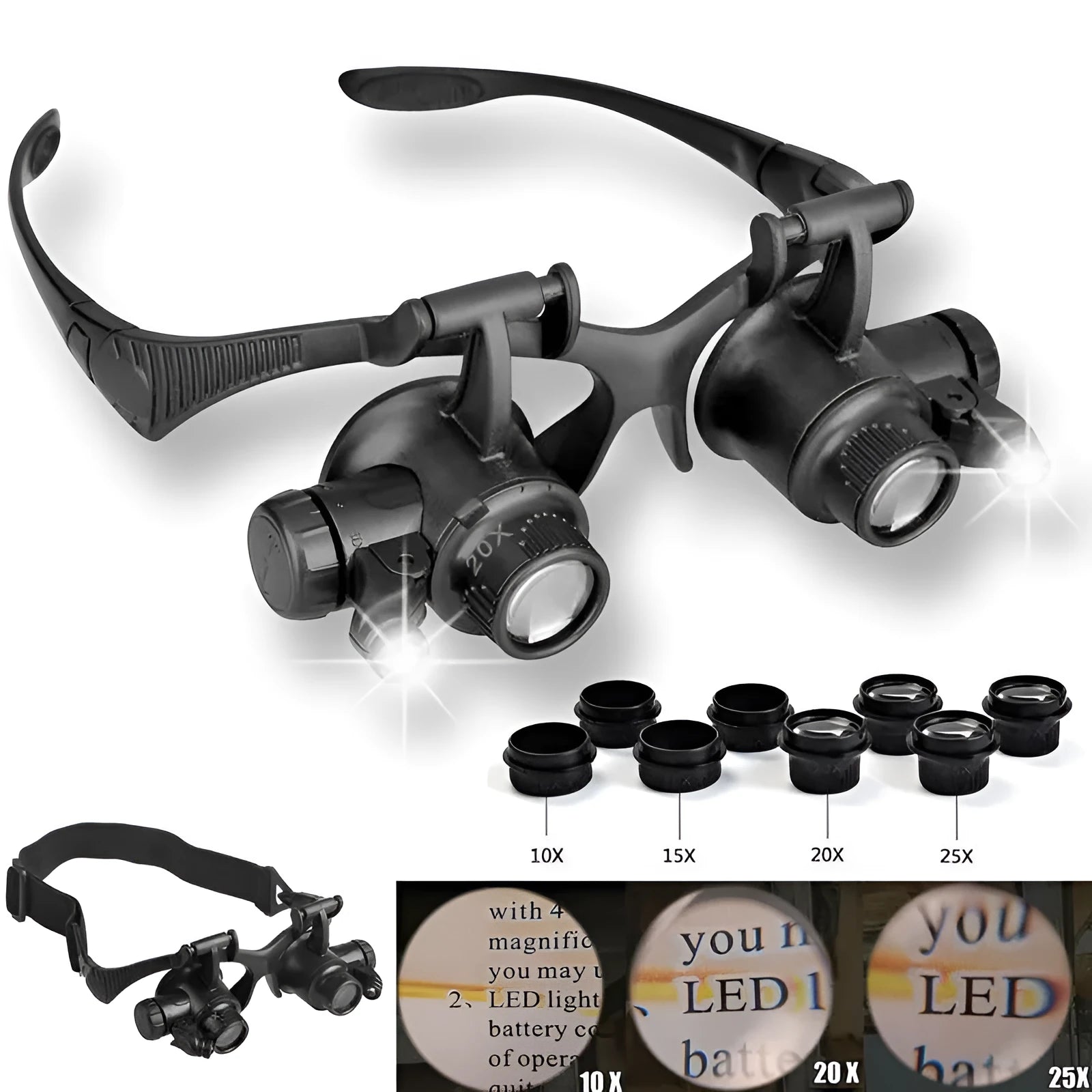 Black double eye magnifier glasses with LED lights and interchangeable lenses for precision repair work