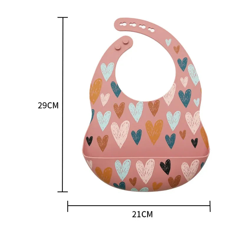 Silicone baby bib with drop catcher and adjustable neck strap in Animal World design