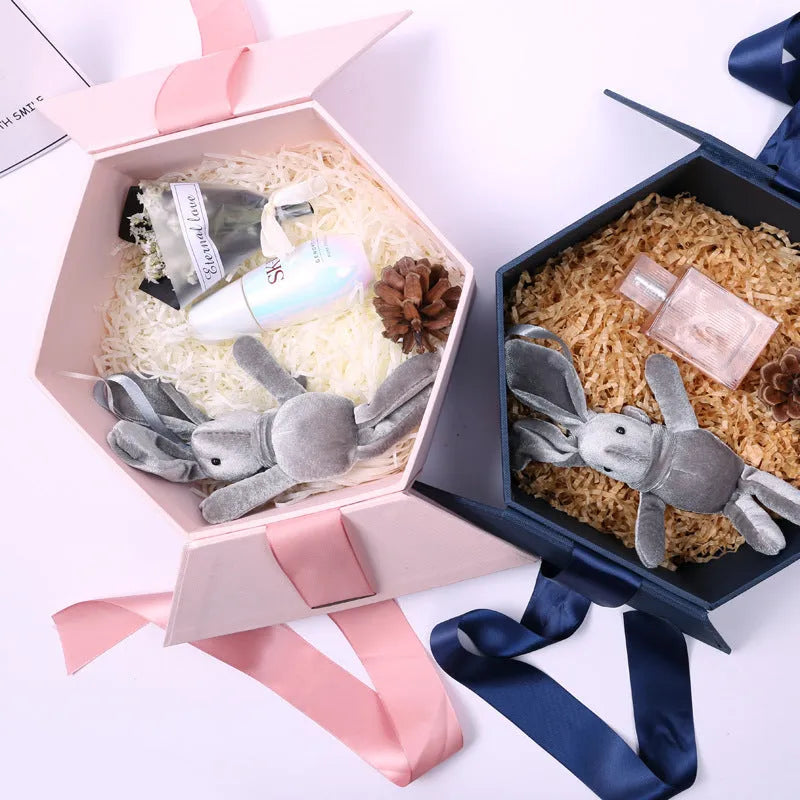 Gift box set with four sizes, Paper Board Material, black blue pink options, and bag choices