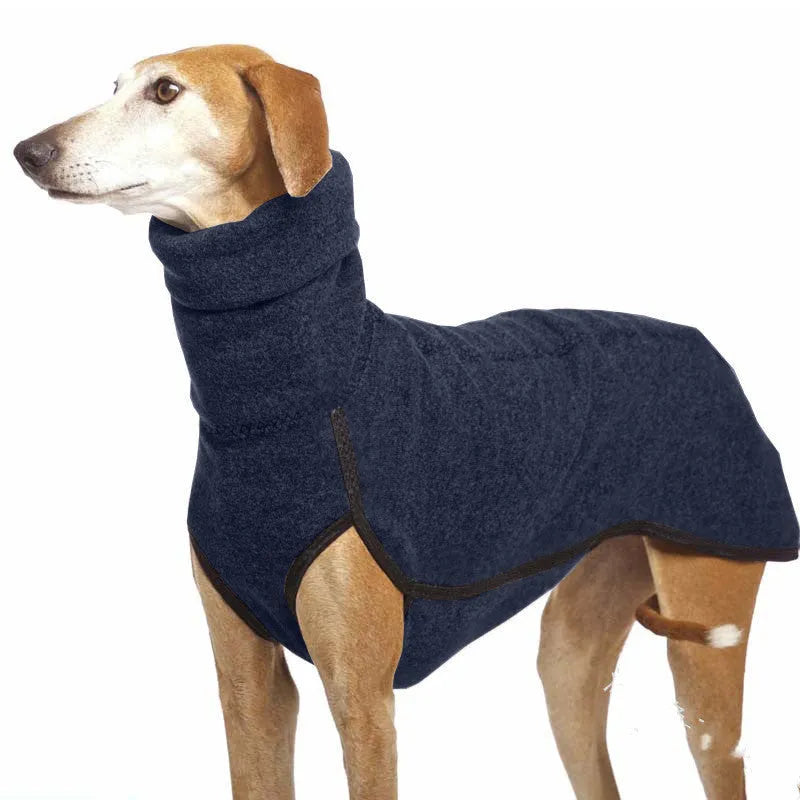 Winter dog coat in Army Green with high collar, two-legged design for medium large dogs like French Bulldogs