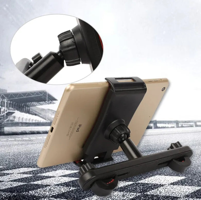 Black universal car headrest tablet holder with adjustable mount for rear seat passengers.