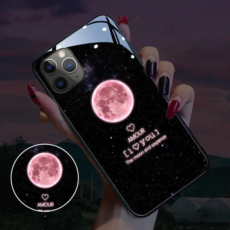 Tempered glass iPhone case with LED light show, featuring Cool Lightning design, showing voice control and music sync functionality.