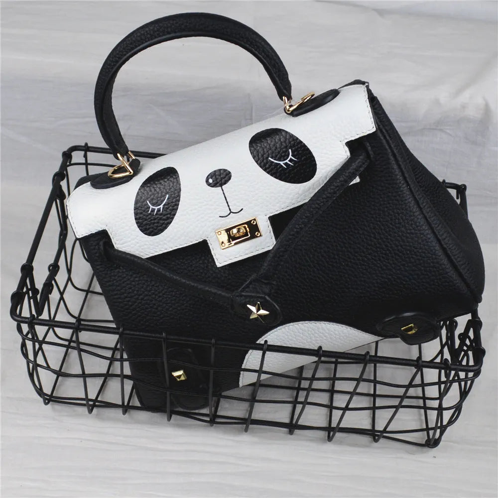 Panda print leather handbag with horizontal square shape, shown in two size options.