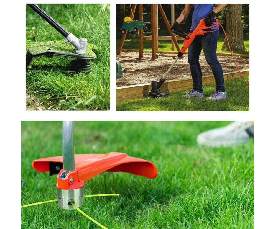 Silver aluminium lawn mower trimmer head with four light yellow grass lines, wrench, and gasket.