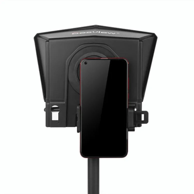 Black portable teleprompter with 115x110mm glass mirror, 200g body, and 49-77mm adapter rings for phone and tablet recording.