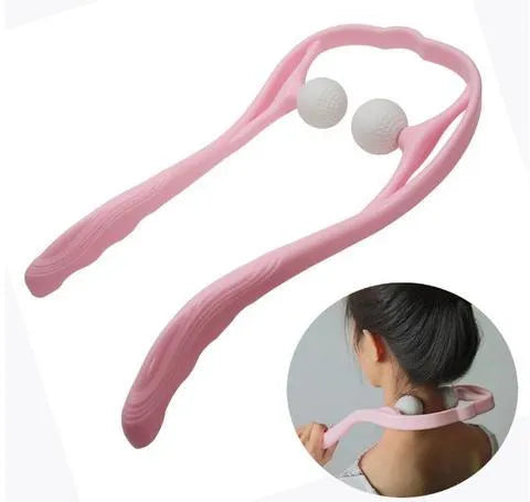A pink plastic handheld neck and shoulder massager with adjustable rollers on a flexible stand.
