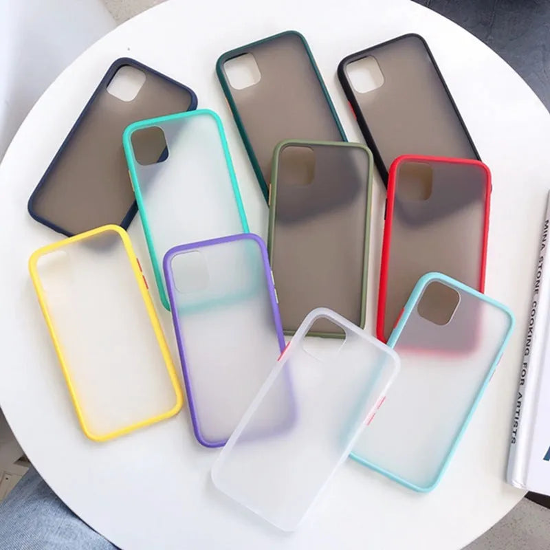 Frosted silicone phone case for iPhone in ten colours, including Black, Red, and Sky Blue.