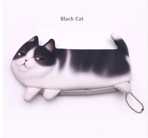 Cute cat design 3D printed cosmetic travel bag organiser with zip, shown in creamy colour.