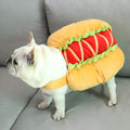 Yellow dog hot dog burger crossdress costume on a dog, showing FB one-size fit with fabric details
