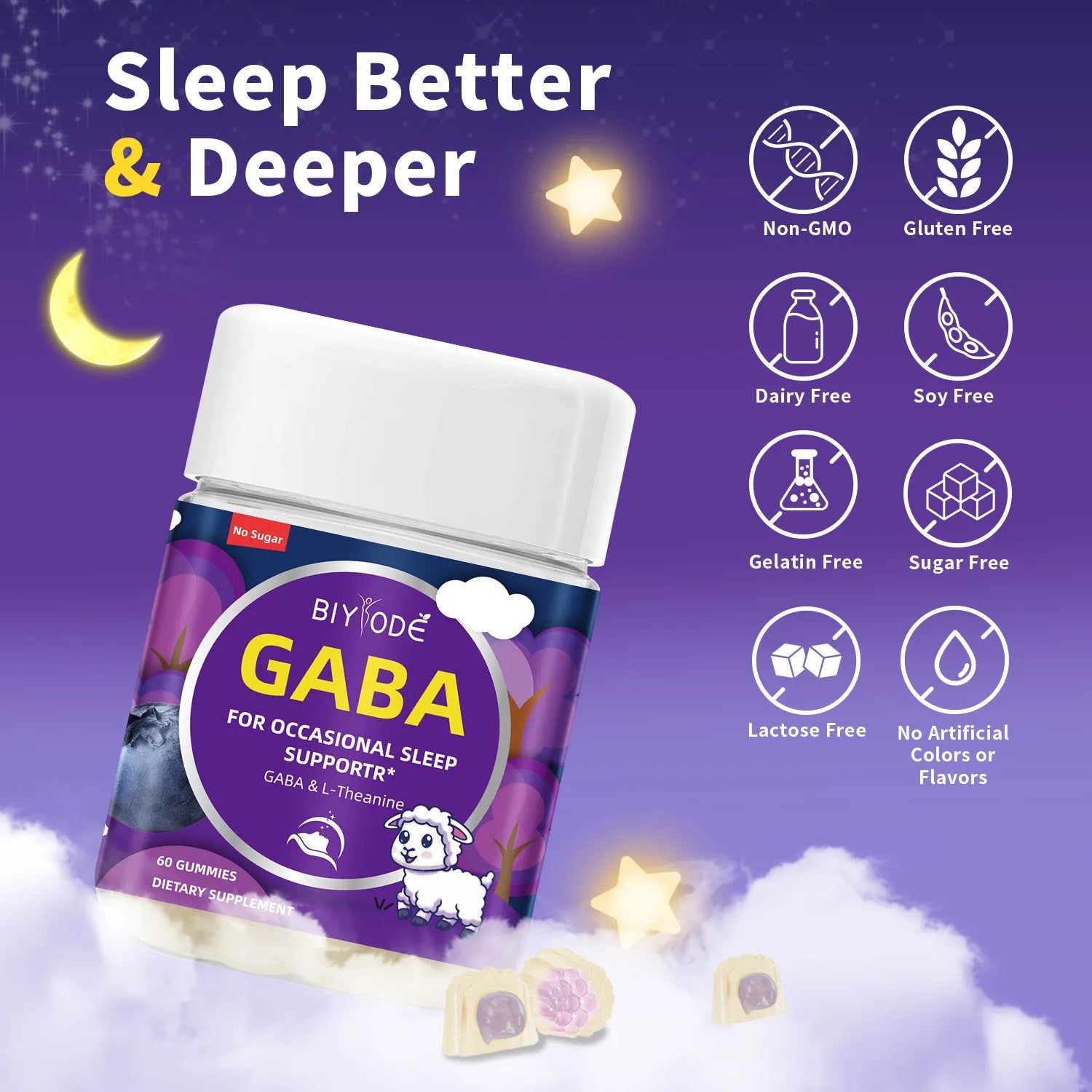 Biyode Sleep Support Gummies bottle with 60 GABA and L-Theanine gummies for sleep