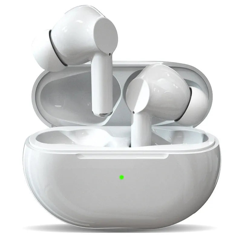 Pro4 black and white Bluetooth earpieces inside a compact grey charging case with USB cable.